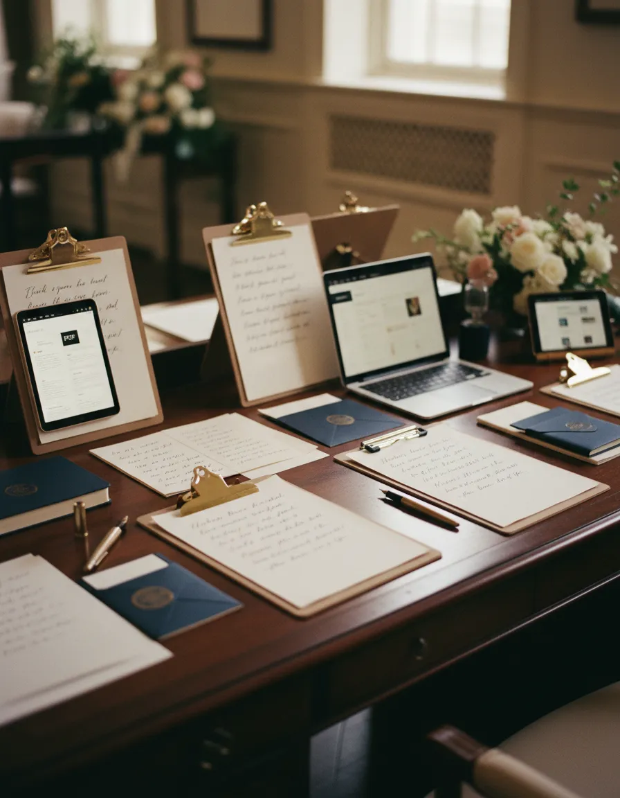A chaotic scene of scattered wedding forms, texts, and planner PDFs
