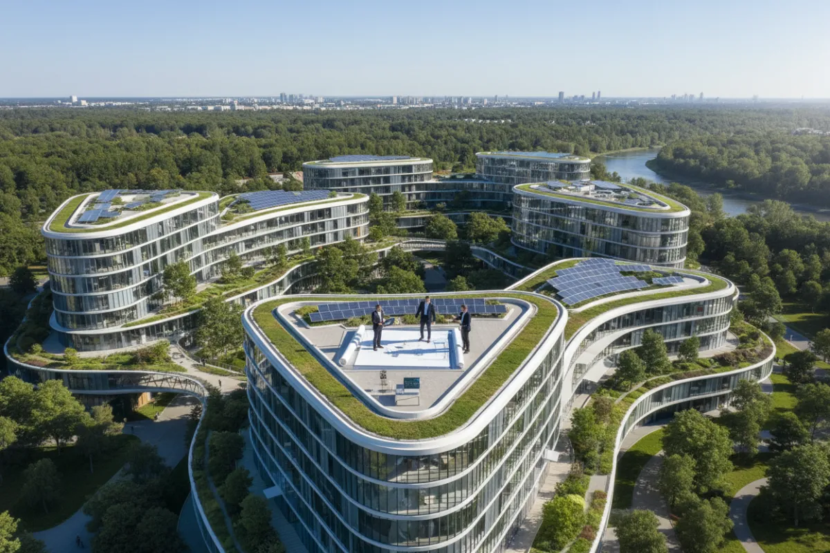 Aerial view of a cutting-edge real estate development, featuring eco-friendly buildings, landscaped green spaces, and innovative architecture, with professionals discussing blueprints on a rooftop terrace, under a clear sky.