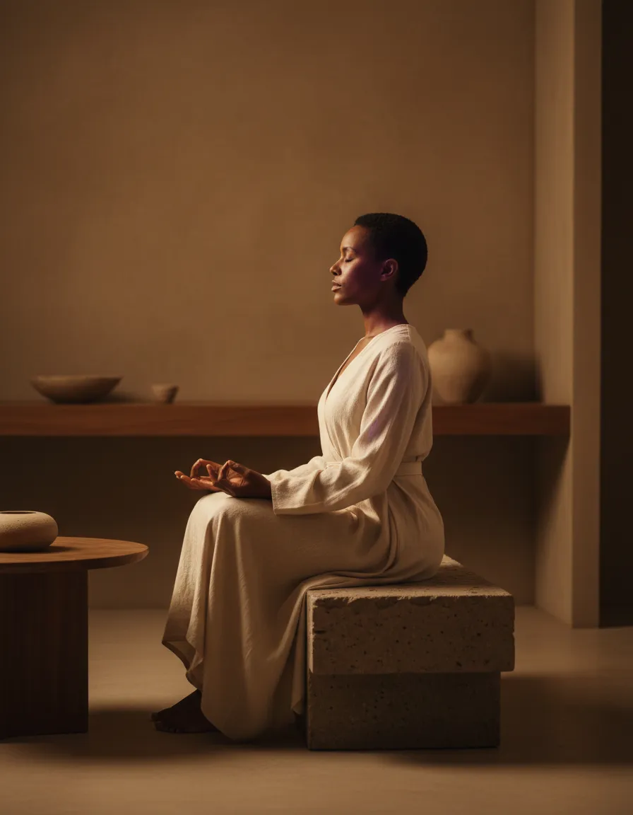 Editorial lifestyle portrait showing focused meditation and self-mastery in serene natural light