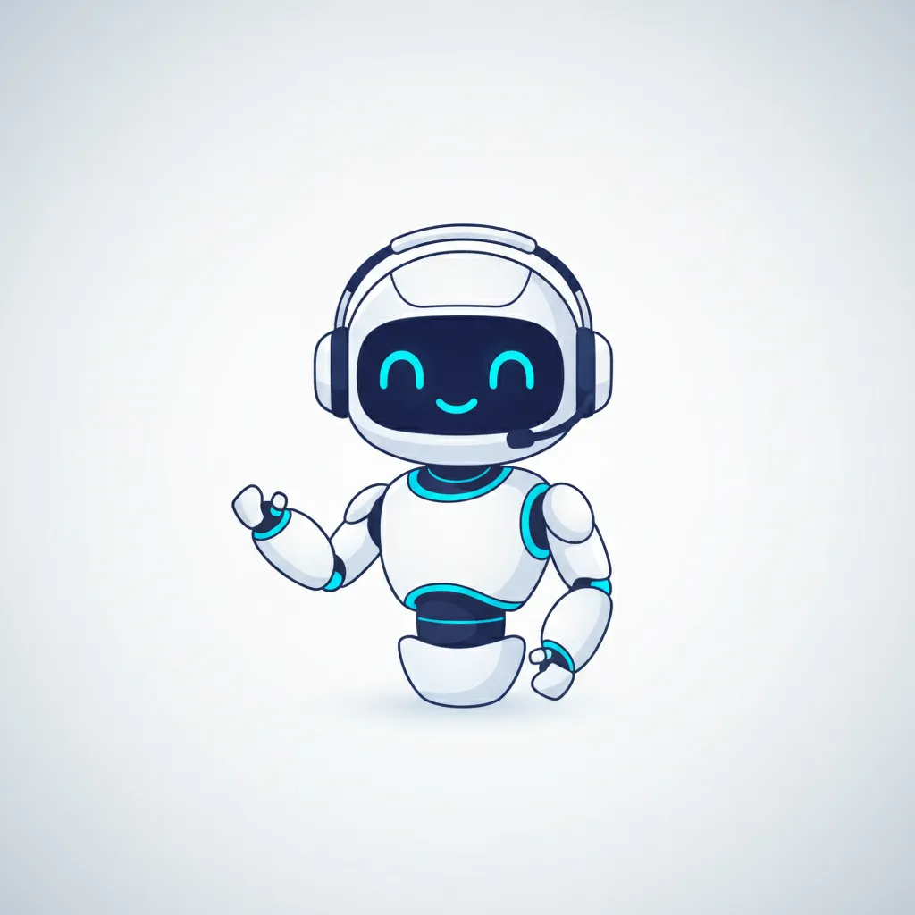 Chatbot avatar: friendly robot with a blue accent, smiling, on a soft white background. The robot has expressive eyes and a headset, conveying approachability and tech support.