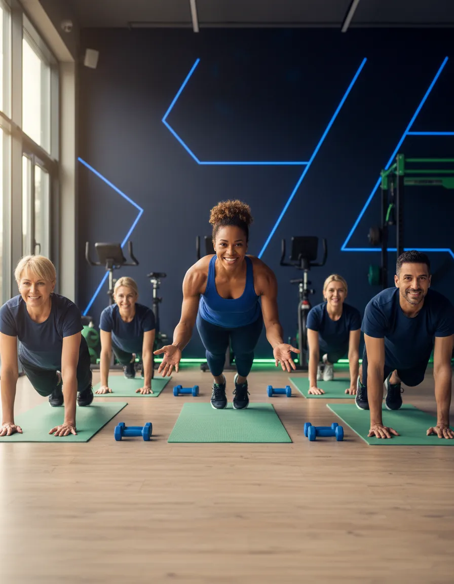 Trainer-led 30 minute fitness class in session