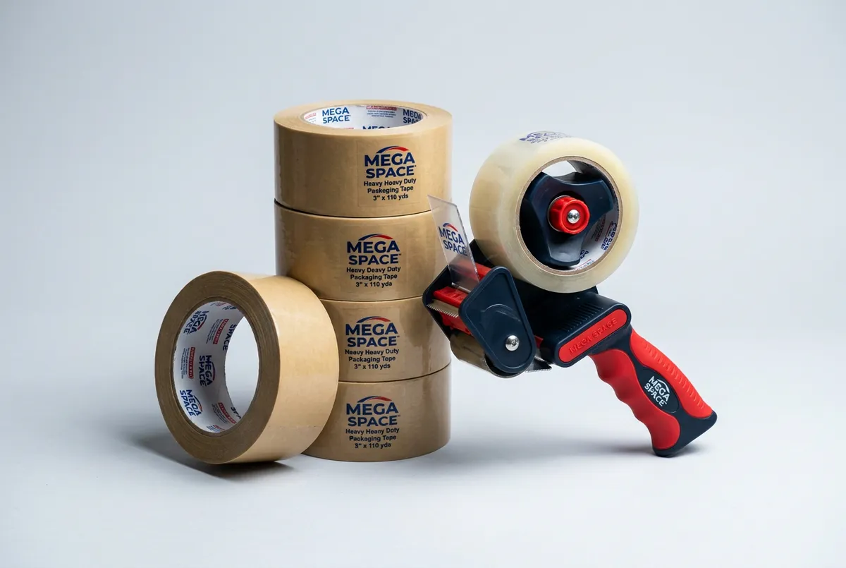 Commercial grade packing tape rolls and ergonomic tape dispenser gun