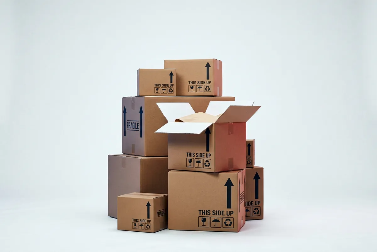 Heavy-duty corrugated moving boxes in varied sizes stacked neatly