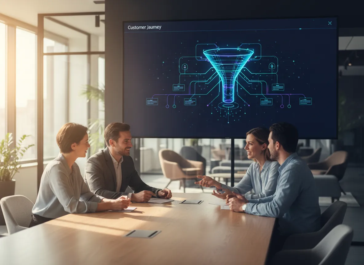 Team collaborating on AI lead generation and customer journey mapping