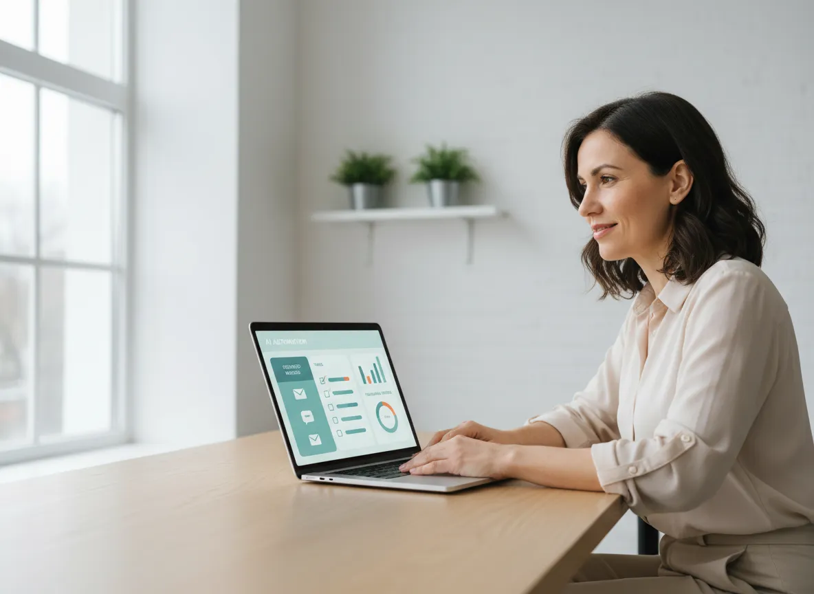 Small business owner using AI automation software dashboard