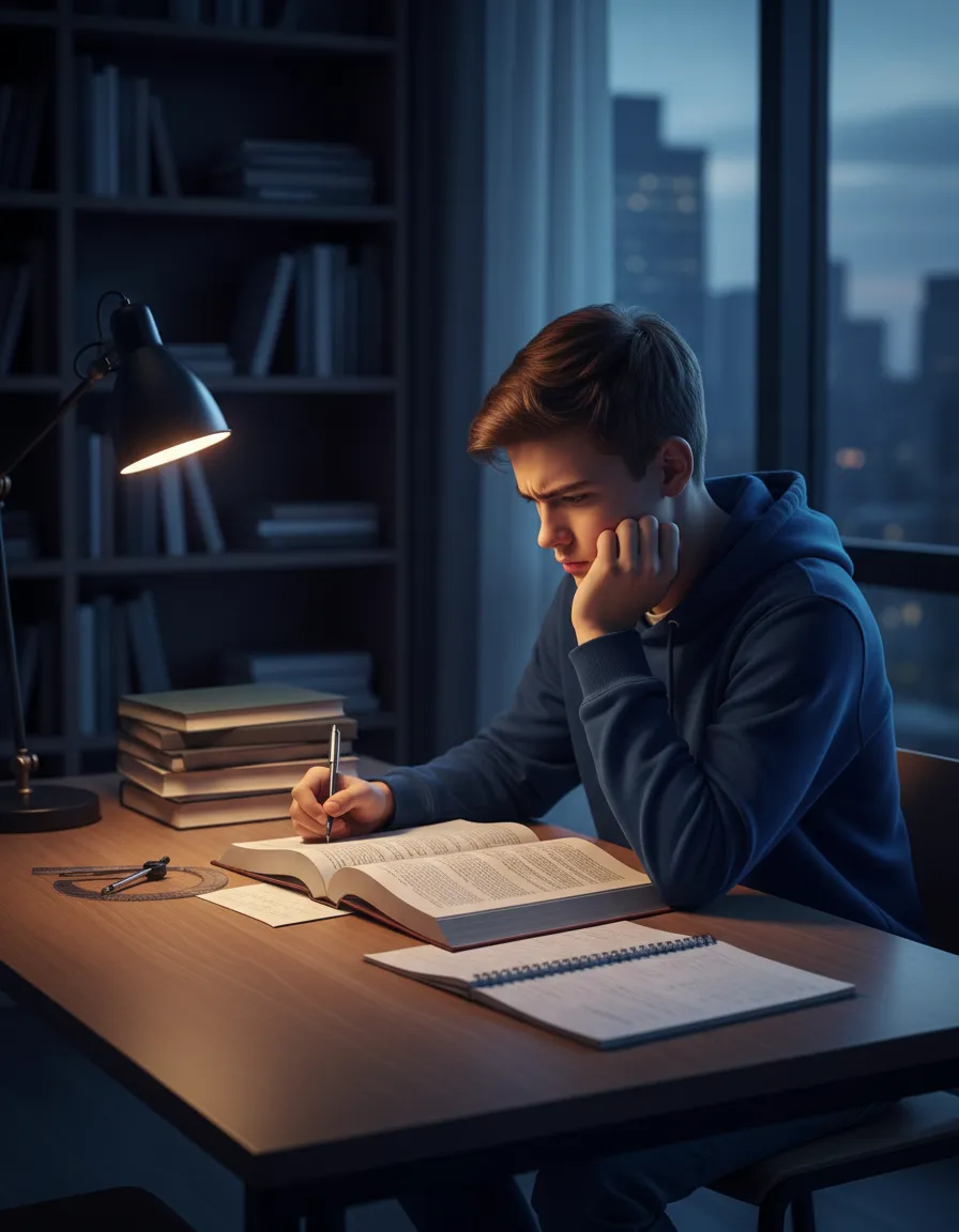 High school student looking stressed at a math textbook, illustrating math anxiety and the foundation gap.