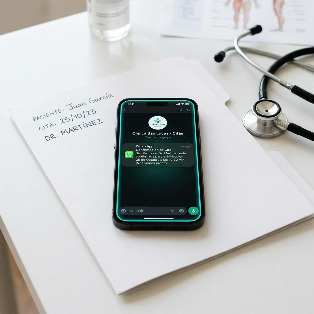 Notificación de WhatsApp de cita confirmada en teléfono sobre expediente médico clínico