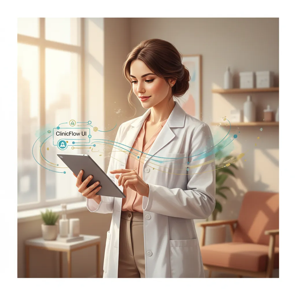 Confident female dermatologist using ClinicFlow on a tablet in a clinic, photorealistic-illustration hybrid