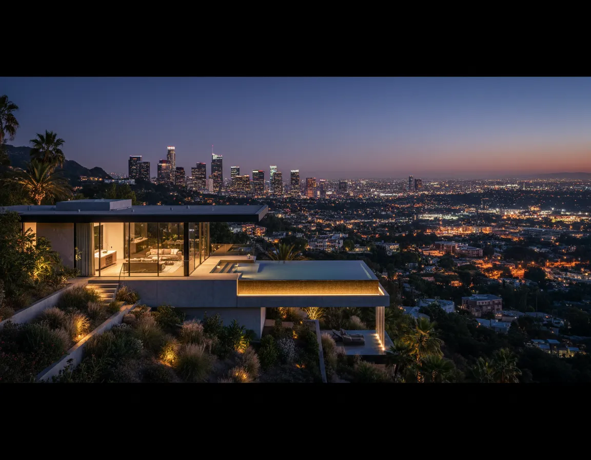 Modern hillside villa with pool overlooking city skyline
