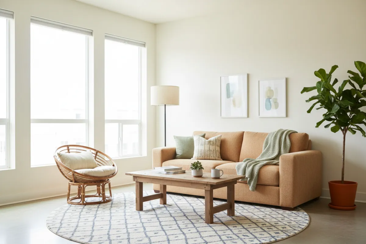 Bright, cozy interior or modest home exterior suited to starter buyers