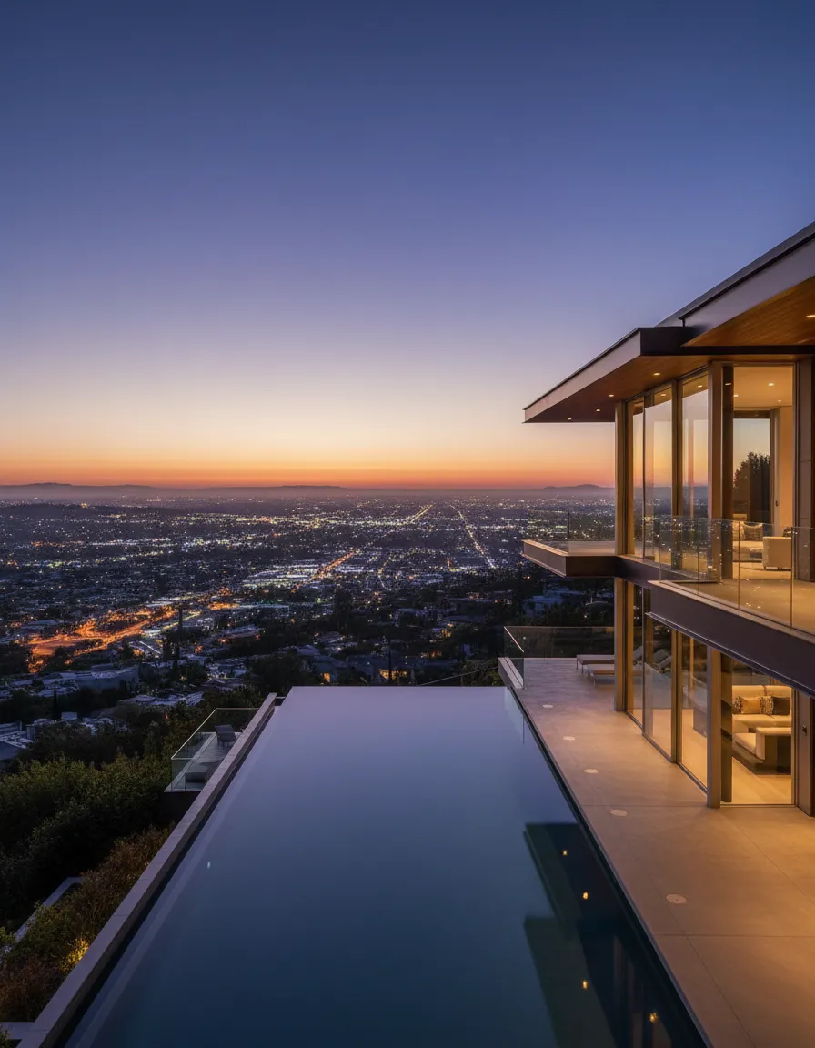 Luxury hillside estate at twilight with city views