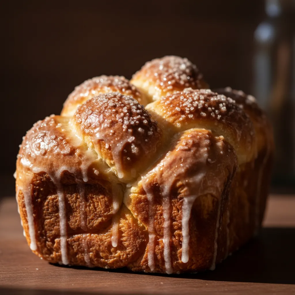 Close-up of a glazed pastry in morning light, square social tile.