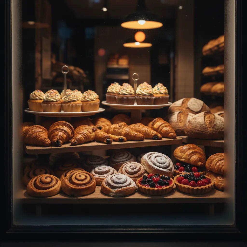 Square image of a cozy shop window with assorted pastries on display.