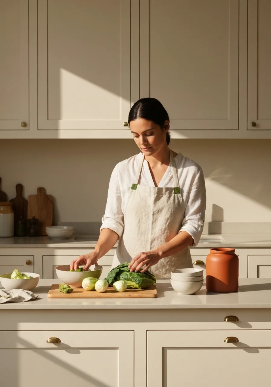 Cinematic sun-drenched photograph of a calm organized kitchen moment