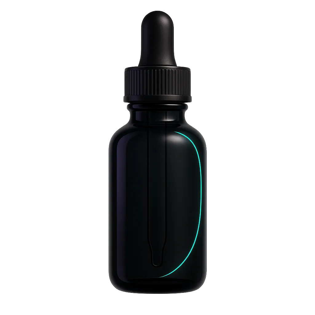 Sleek Apple-esque minimalist showcase of the EXO DROPS dropper bottle floating on a dark surface