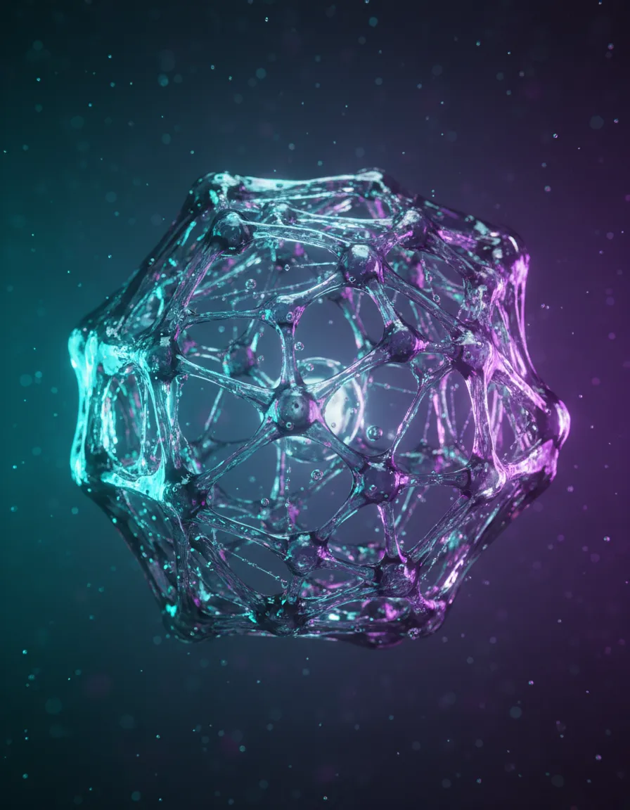 Macro photography of cellular structures with cyan and violet gradient lighting.