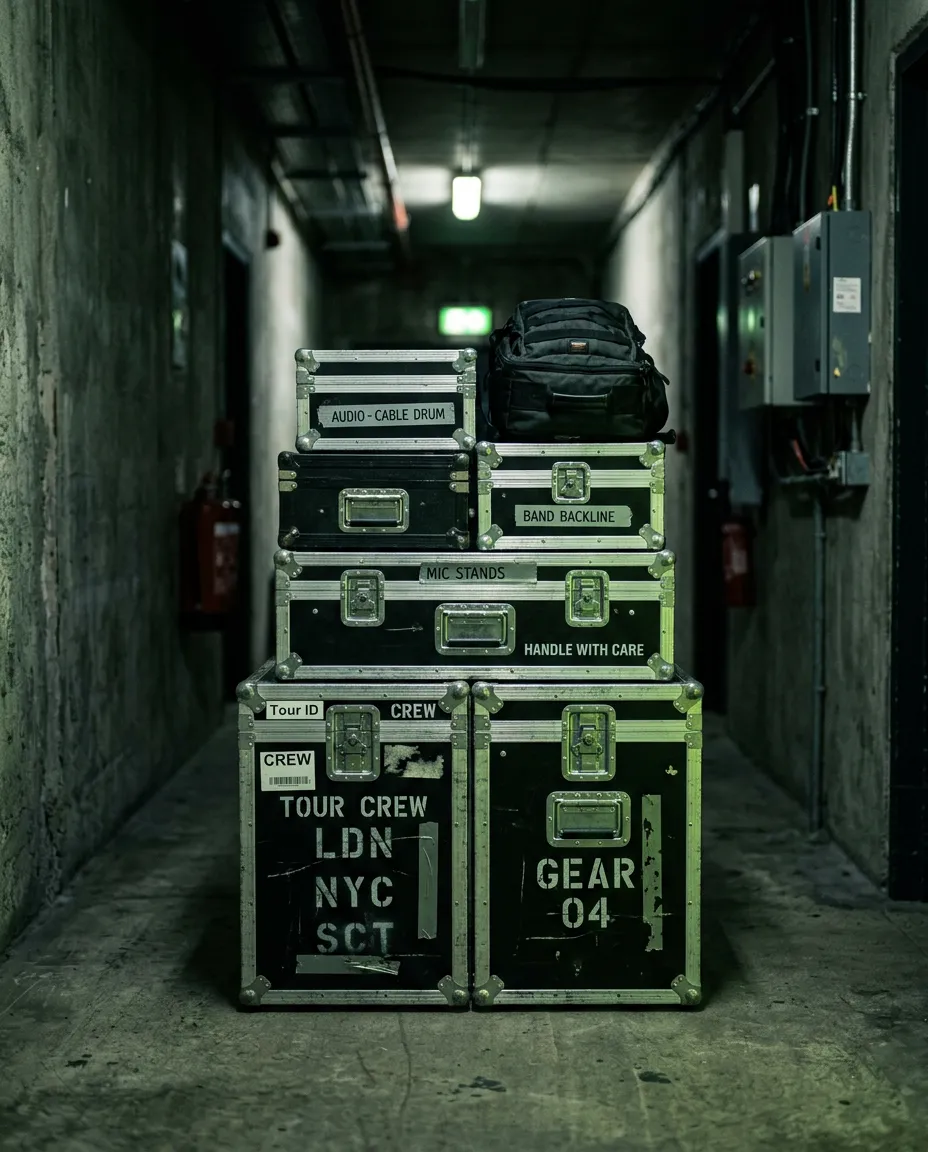 Weary heavy-duty road case and backstage gear in a dimly lit arena hallway
