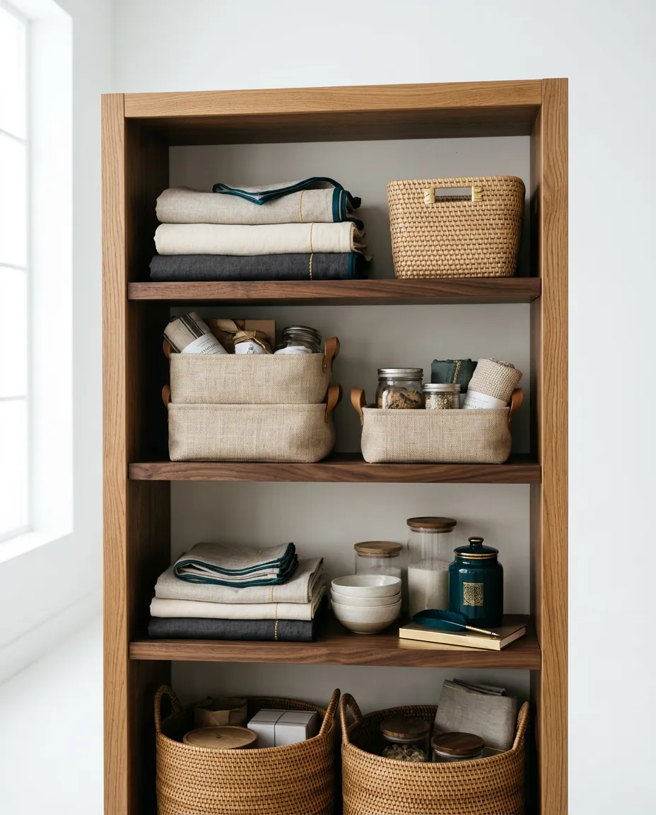 Aesthetically organized luxury home pantry with linen textures and warm natural wood