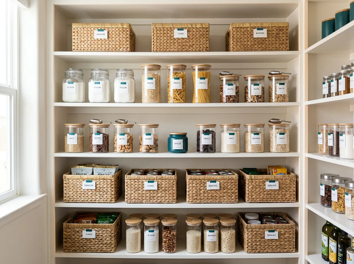 Impeccably organized kitchen pantry with natural wood accents and clear labeled bins