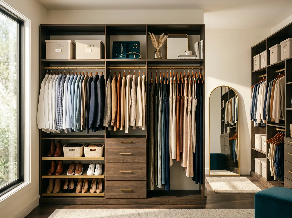 Clean, sunlit master walk-in closet styled with warm neutral linen boxes and boutique display shelving