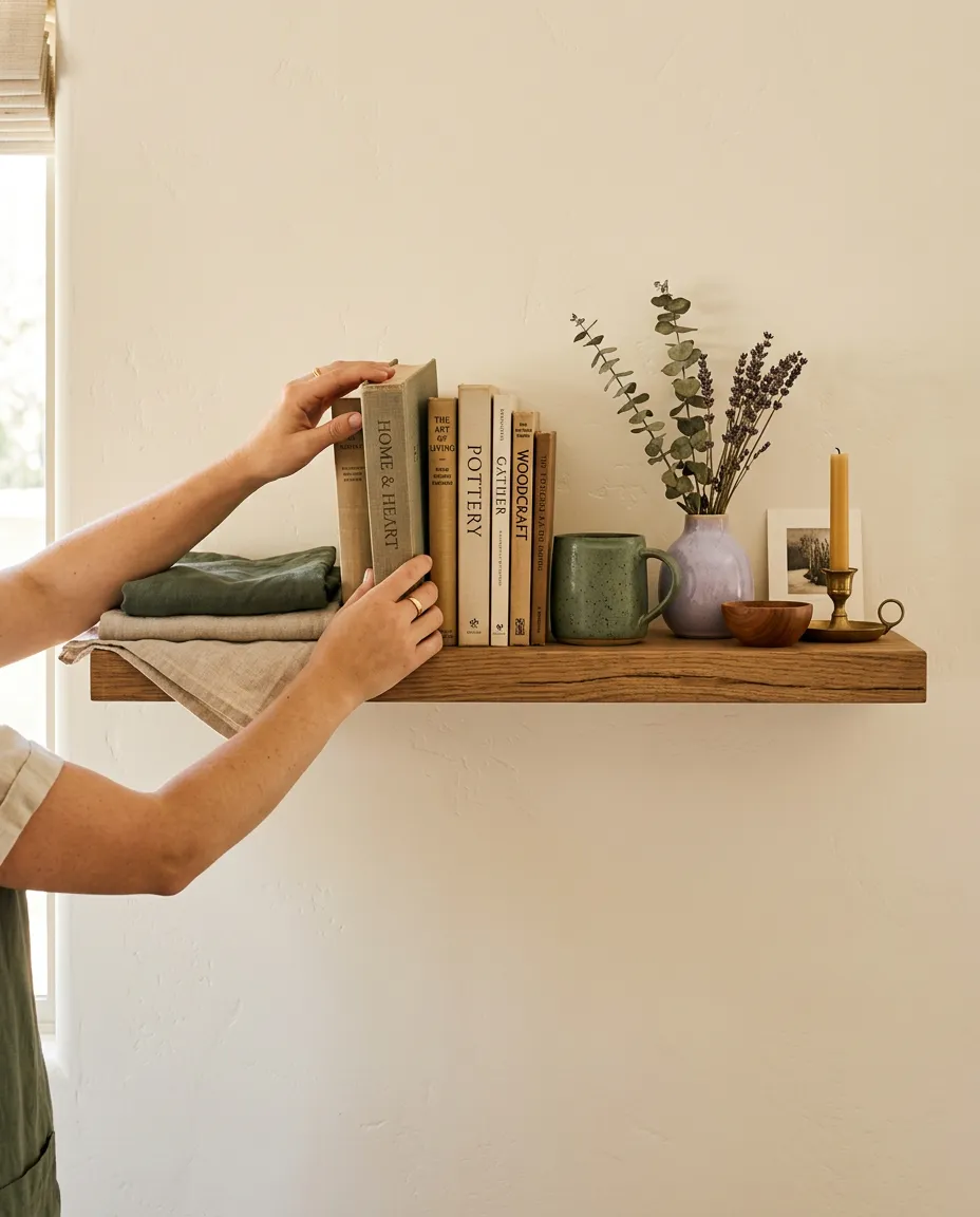 Caring hands gently organizing books and cherished ceramic decor on a tranquil wooden shelf in soft Arizona daylight