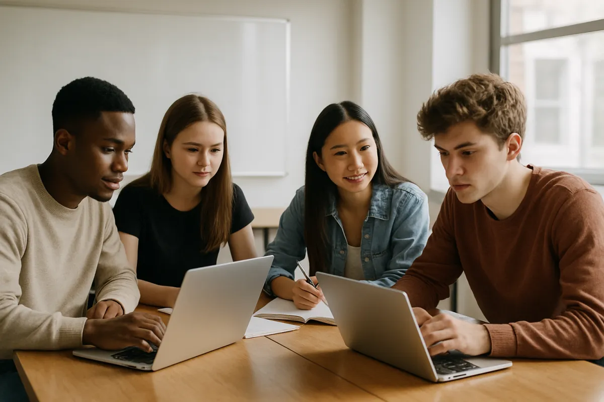 Students collaborating at a table with laptops in a bright classroom