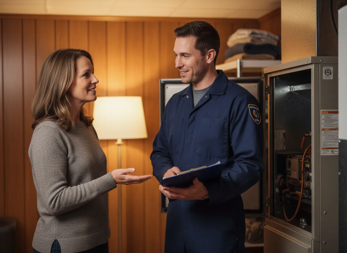 Plumbing and heating technician talking with a homeowner in front of a furnace