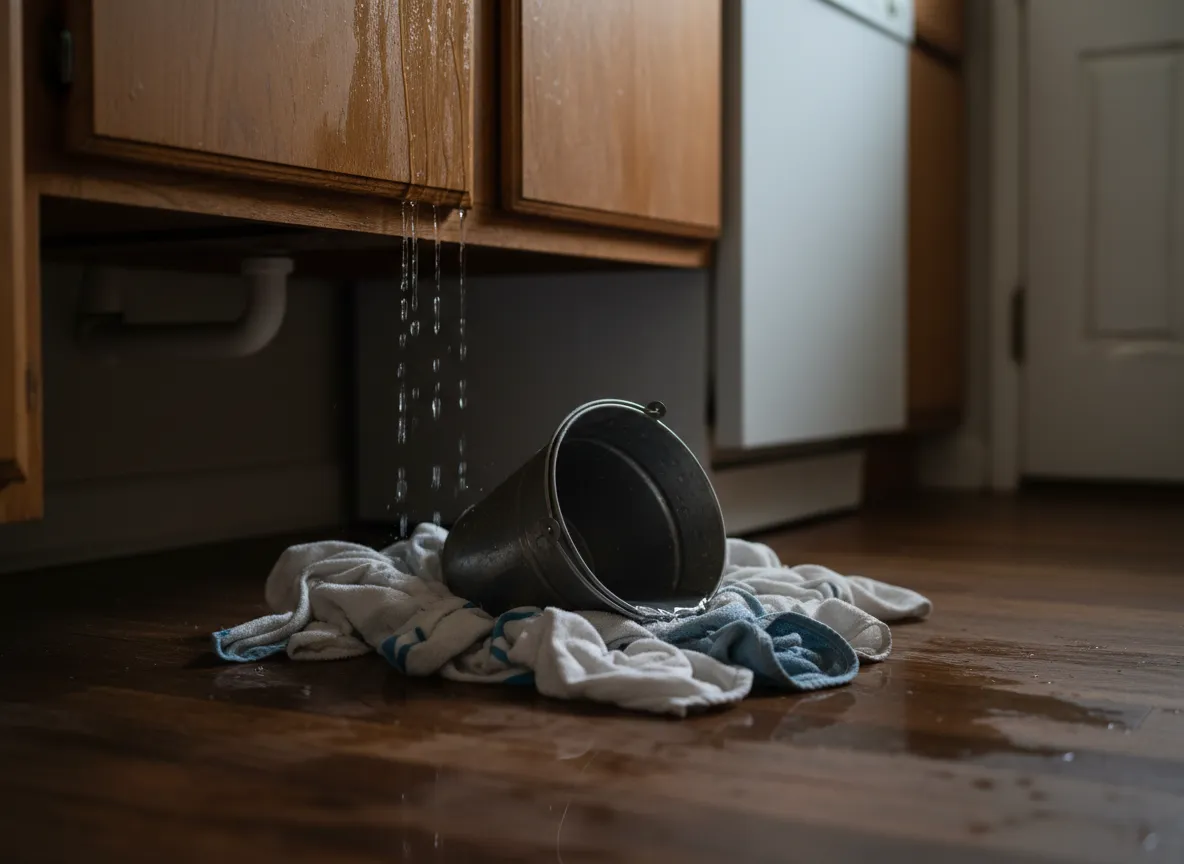 Water leak situation in a residential kitchen with towels and buckets on the floor