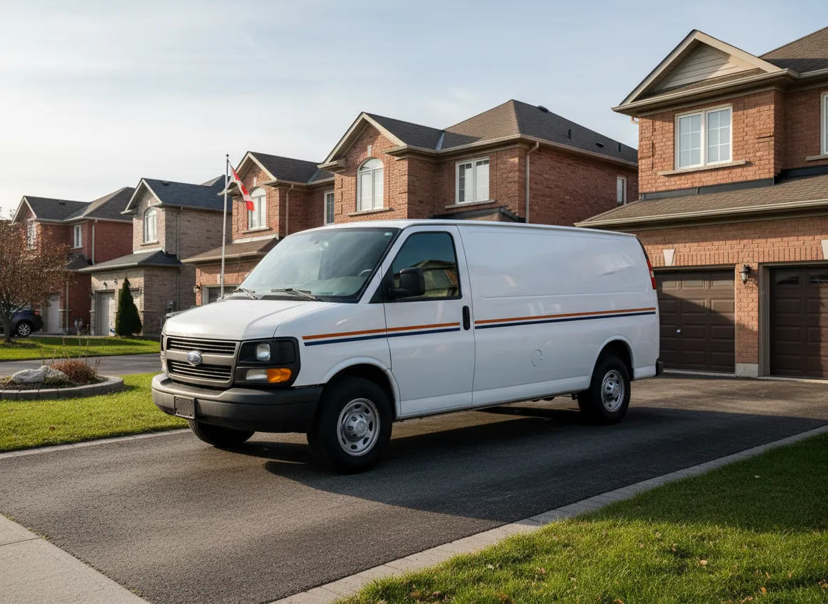 Plumbing and heating service van parked in a residential driveway