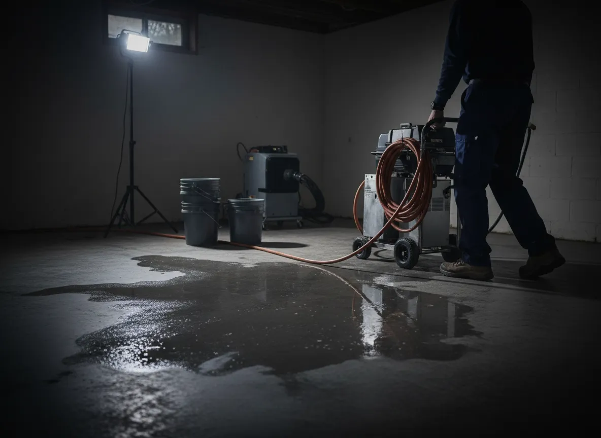 Water leak on floor in a home basement with technician responding