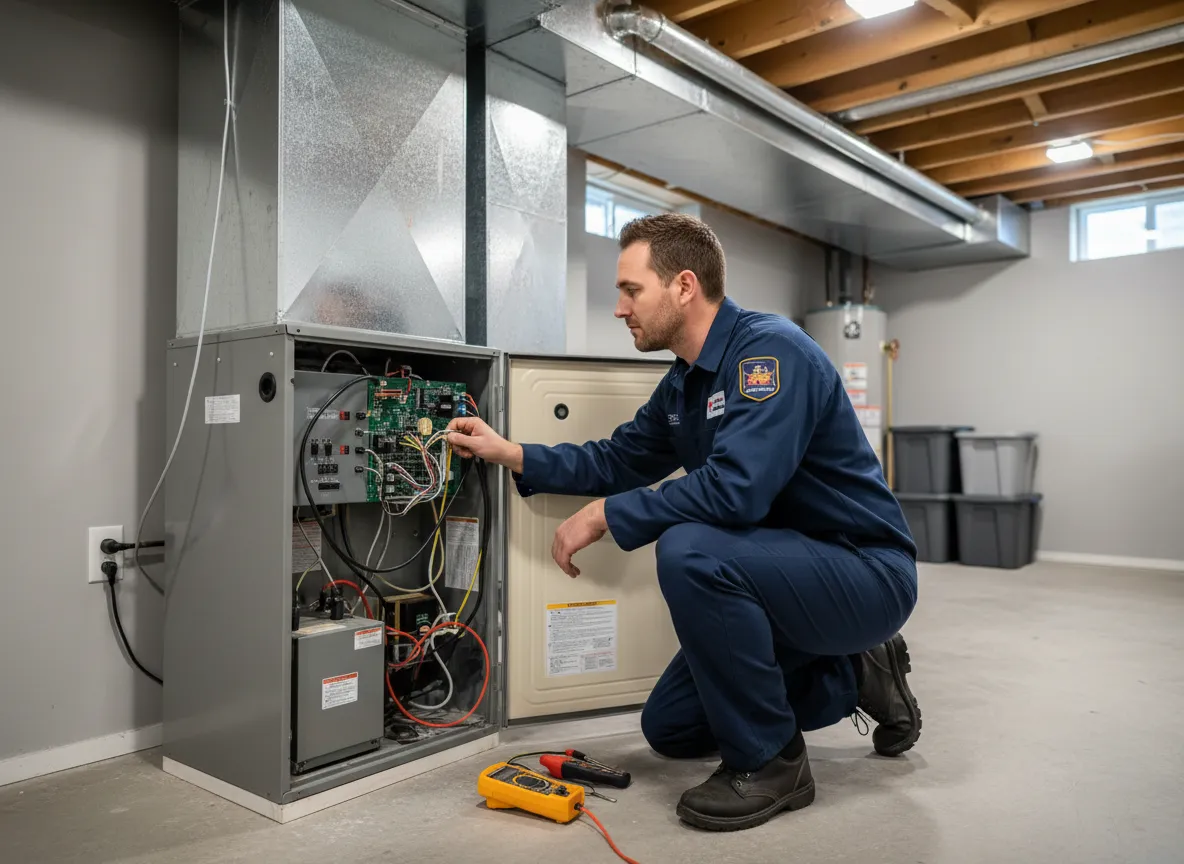 HVAC technician servicing a residential furnace unit