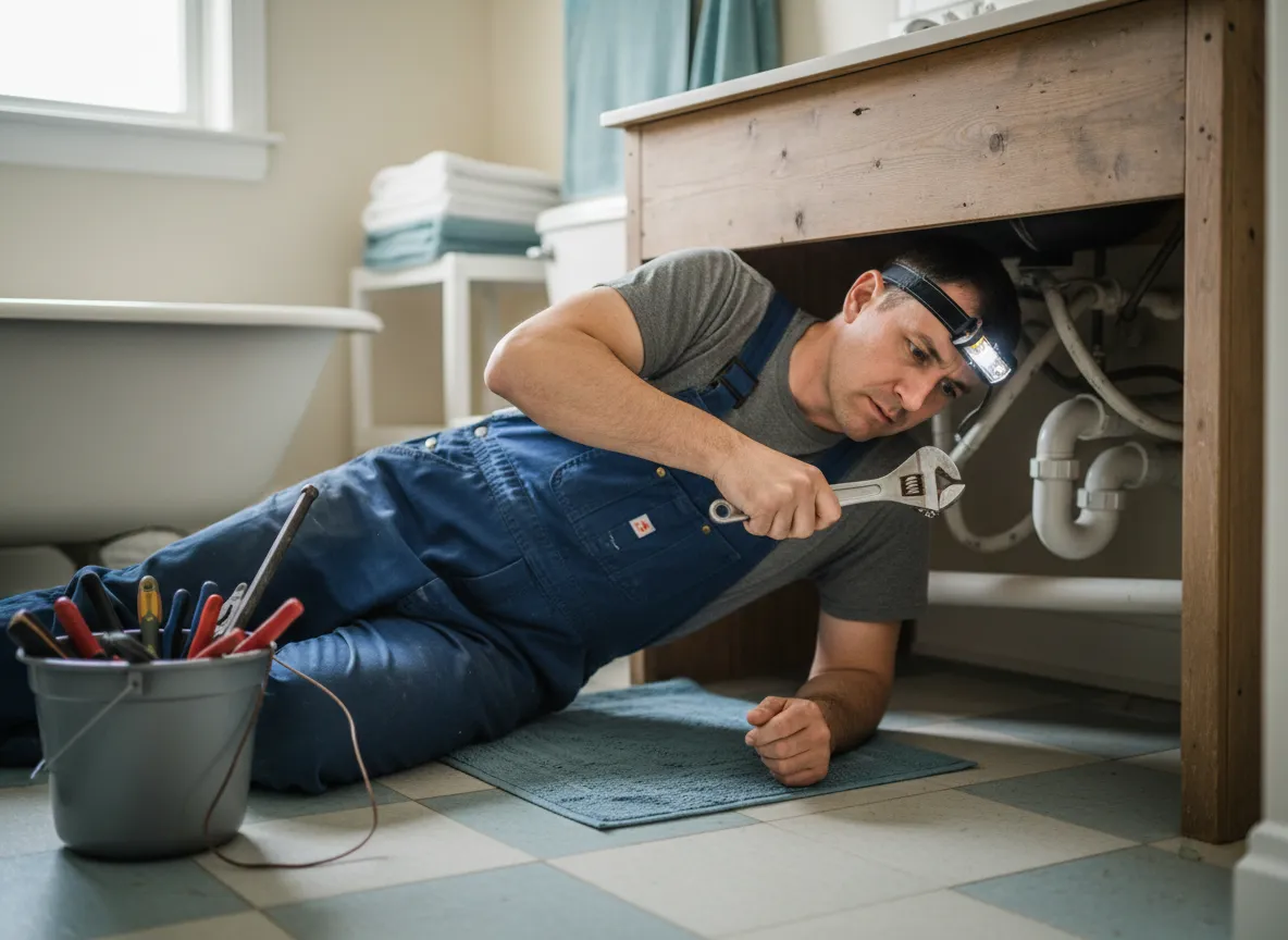 Plumber working on residential pipes under a sink
