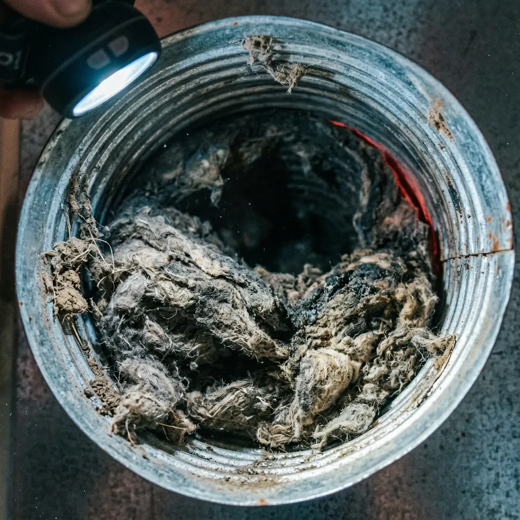 Severely blocked dryer vent packed with combustible lint and soot buildup