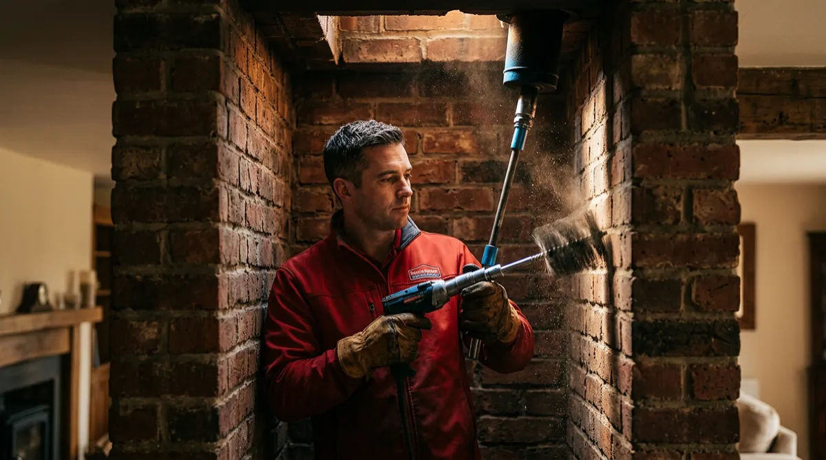 Technician performing professional rotary chimney sweeping