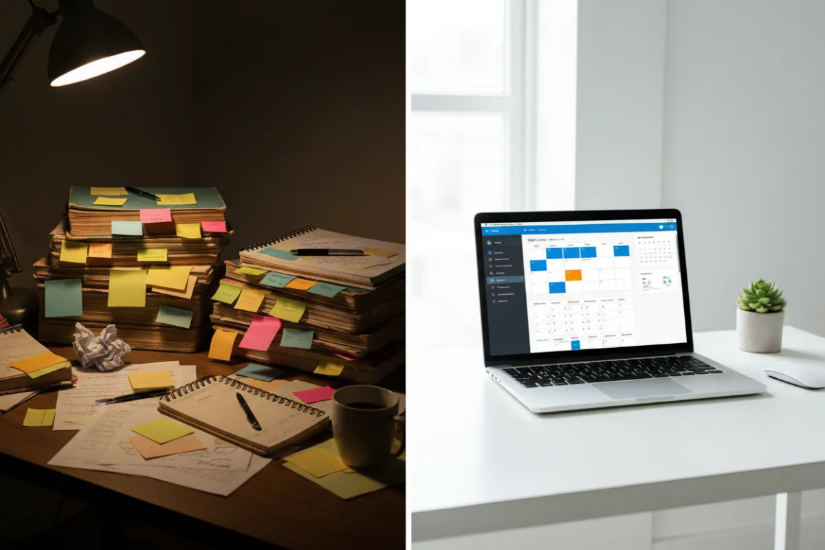 A split-screen: left shows a cluttered desk with paper appointment books and sticky notes, right shows a sleek laptop displaying a modern booking dashboard. The left is dimly lit, the right is bright and digital.