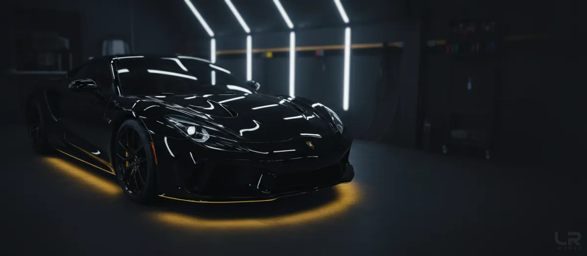 Cinematic edge-to-edge shot of a flawless, glossy black car detailing finish