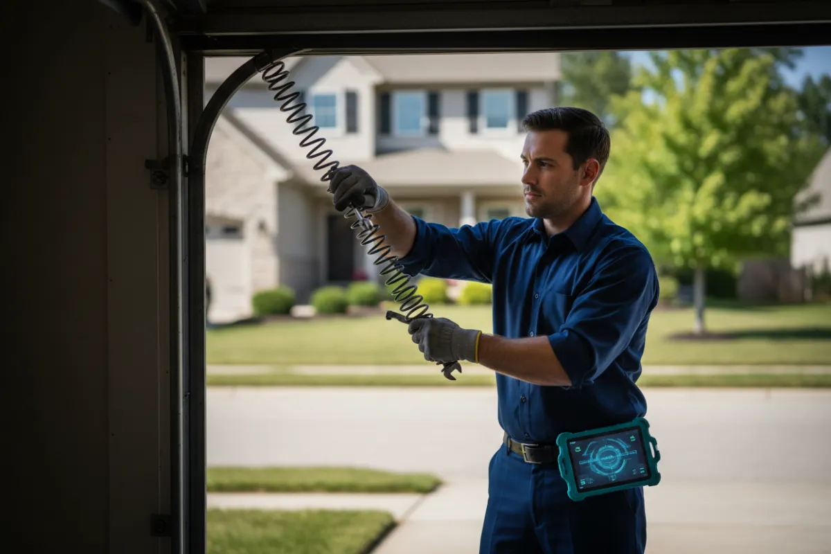 Technician replacing a residential garage door mechanism