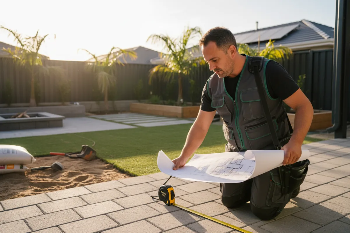 Landscaping professional designing a backyard hardscape