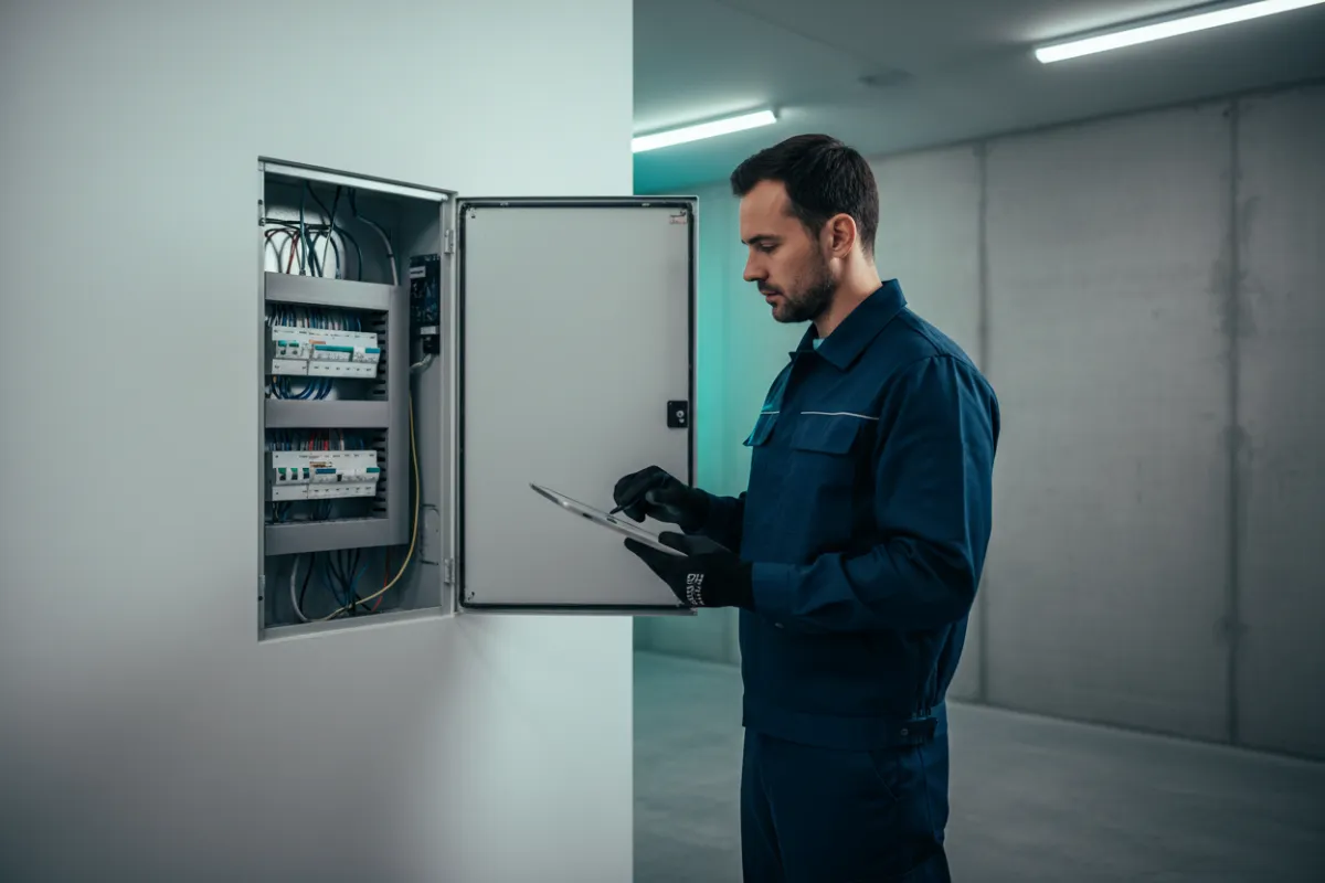 Electrician inspecting a home breaker panel