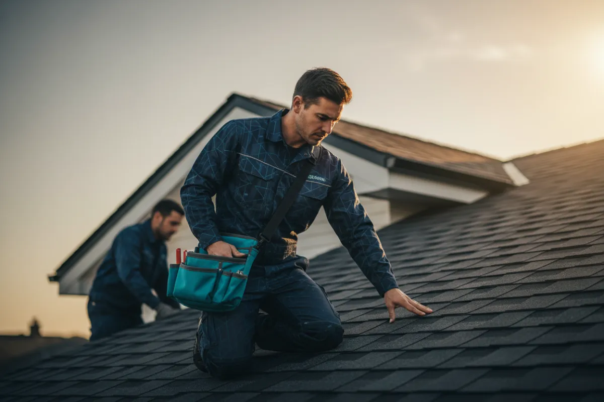 Roofing professionals working on a residential home