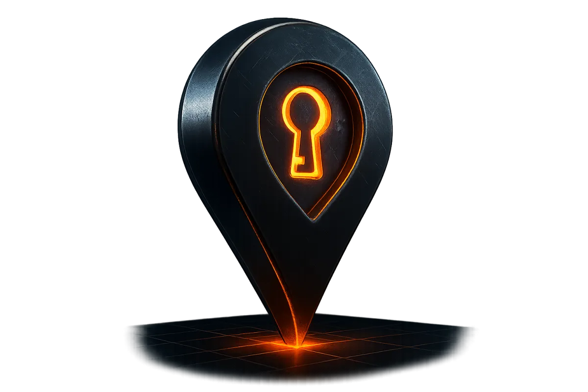 Stylized regional map grid showcasing territory lockdown with glowing orange keyhole perimeter
