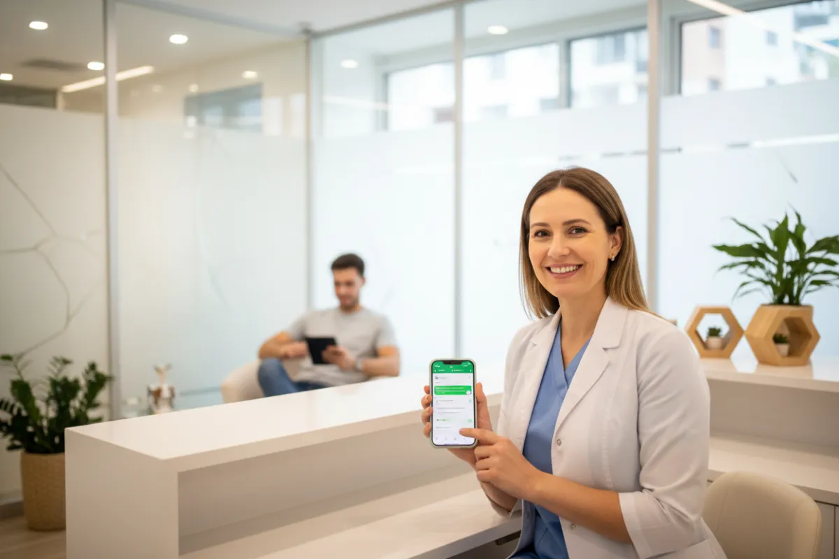 A smiling dental clinic owner sends a WhatsApp message from a smartphone at their reception desk, with a patient waiting in the background. The scene is bright and welcoming, highlighting approachability and modern communication.