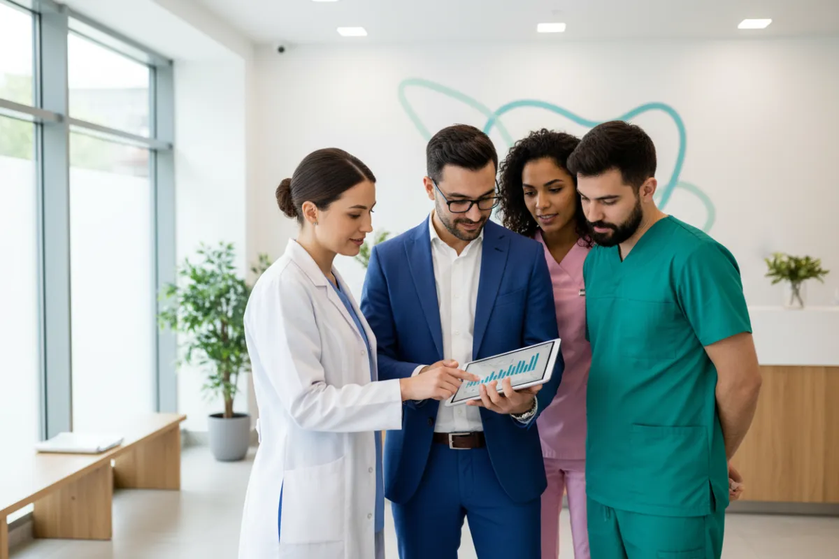 A diverse group of dental professionals, including a female dentist in a white coat and a male clinic manager, review a digital growth report on a tablet in a bright, modern clinic reception. The background features subtle dental branding and natural light, conveying teamwork and optimism.