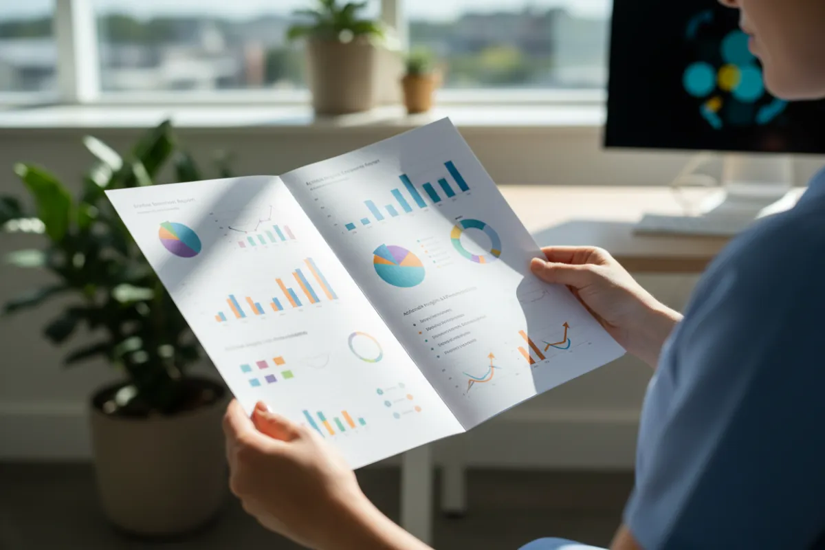 A close-up of a printed dental growth report with colorful charts and graphs, held by a female clinic manager in a bright office. The report is open to a page showing actionable insights and recommendations.