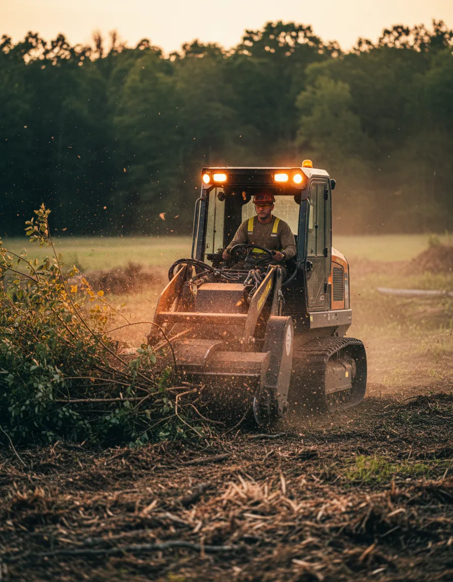 Dustin Reneau of Double R Services operating heavy equipment for land clearing