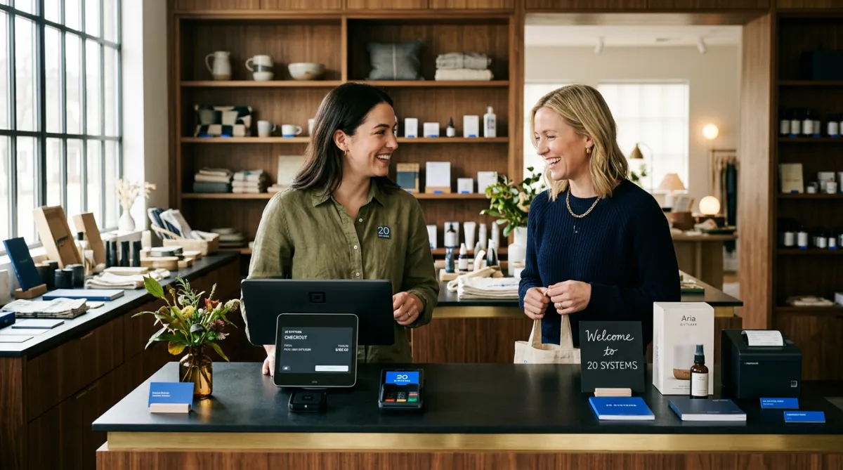Boutique retail shop counter with customers and digital checkout