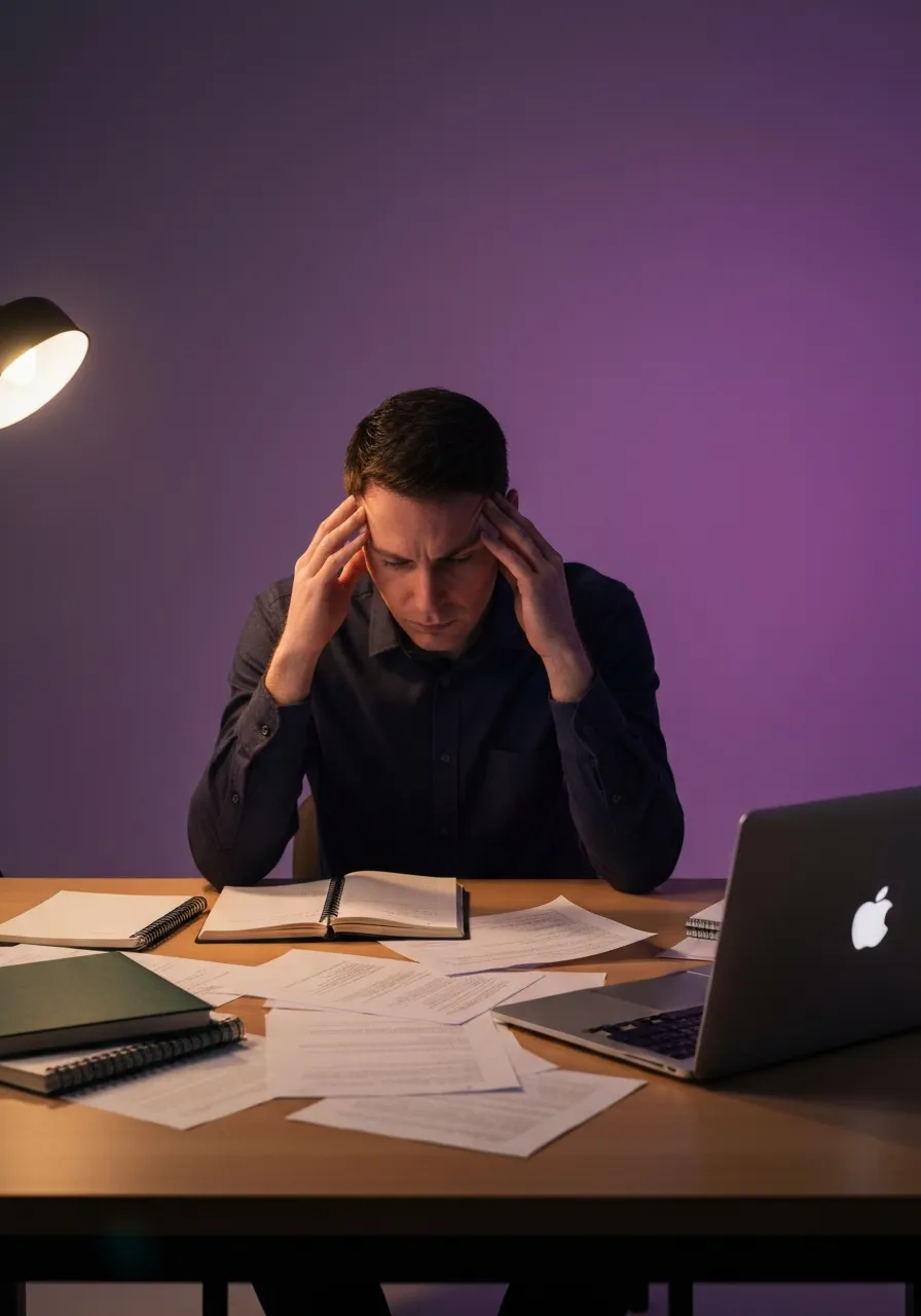A stressed entrepreneur surrounded by scattered notes