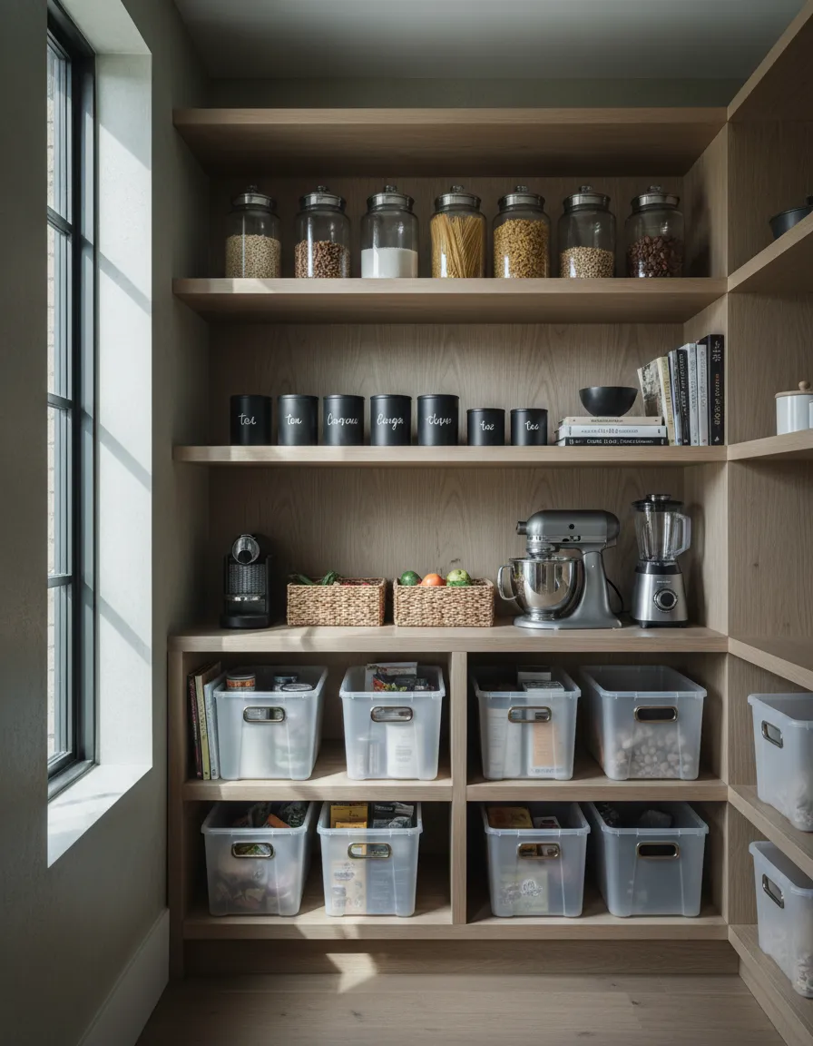 Modern organized luxury kitchen pantry with clean lines and cool shadows