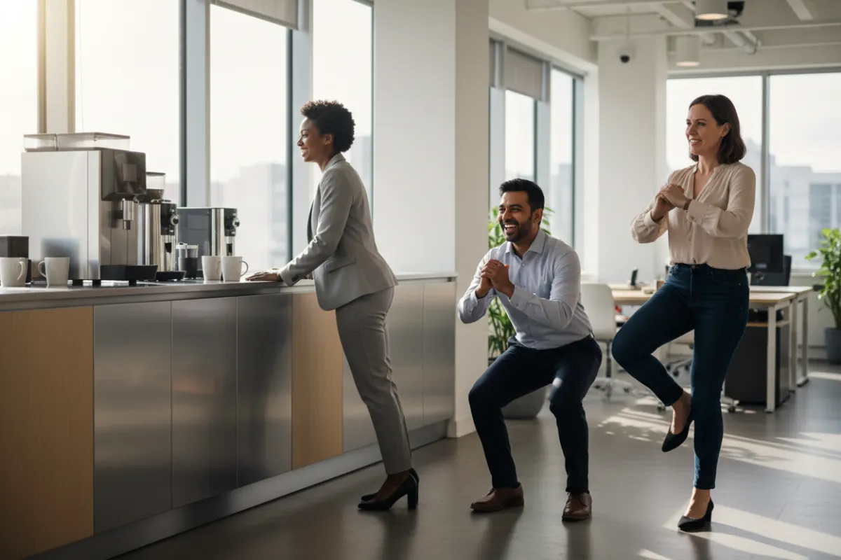 Three professionals doing a standing circuit near a modern office coffee station