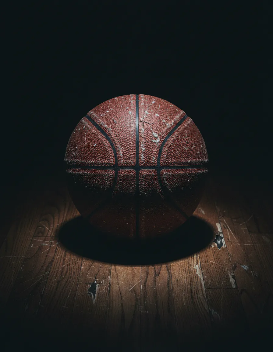 Gritty worn basketball on gym floor